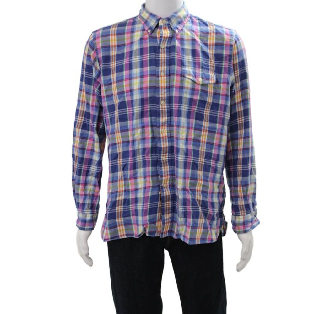 Ralph Lauren Blue Label Men Button-Down Blue Plaid Cotton Blend Shirt Size L